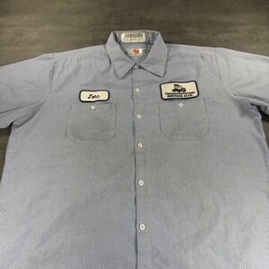 Mechanic Work Shirt Men 2XL XXL Blue White Stripe Truck Western Patches Vintage